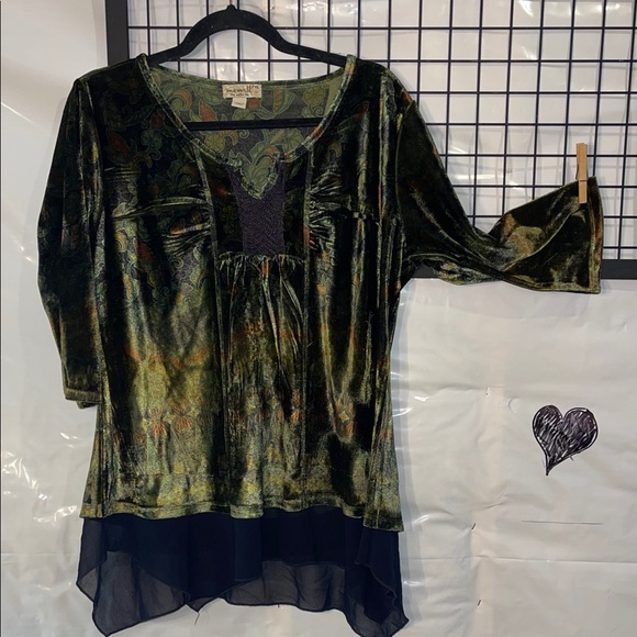 ONE WORLD Tops - Vintage Y2K Velvet Green Goblincore Whimsigoth Top with Fringe Hem